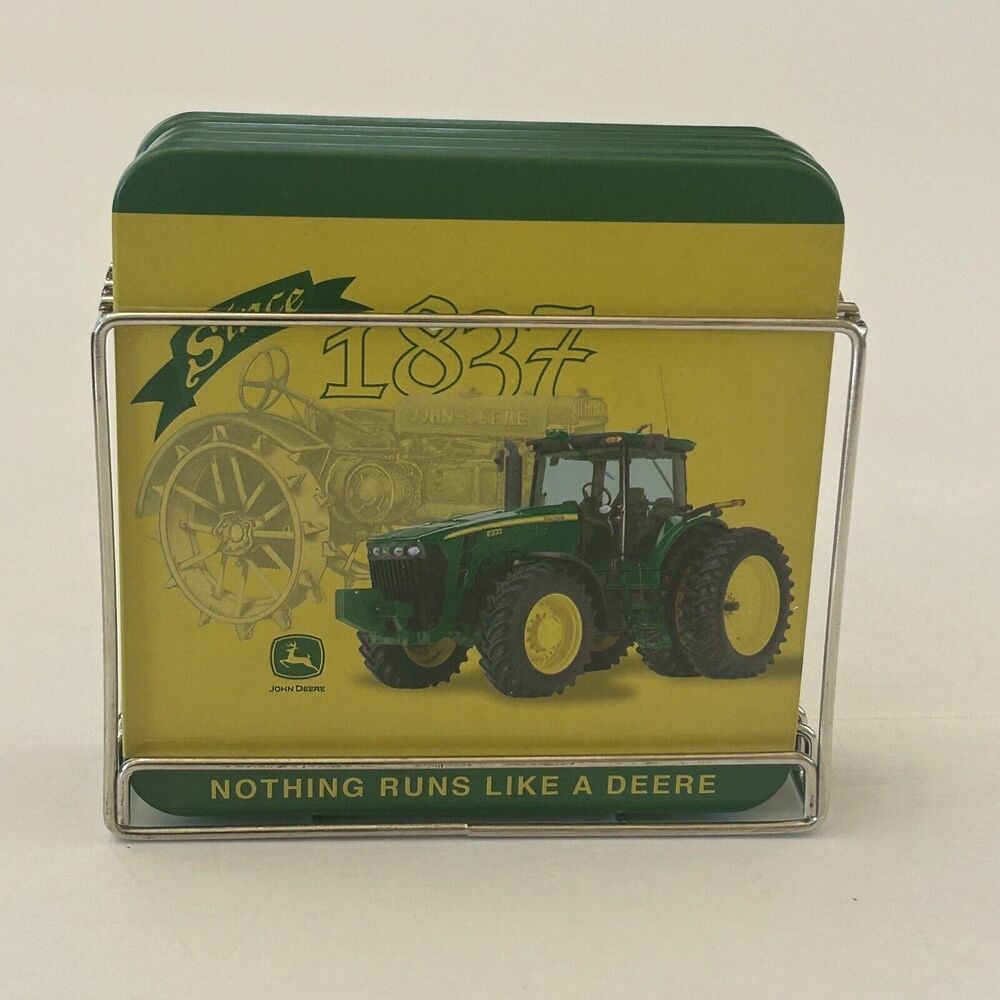 John Deere Metal Cork Coasters In Metal Rack Set of 4